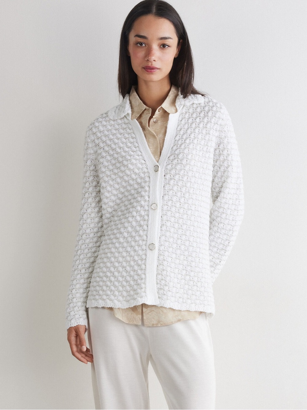 Classic White Textured Button-Front Cardigan
